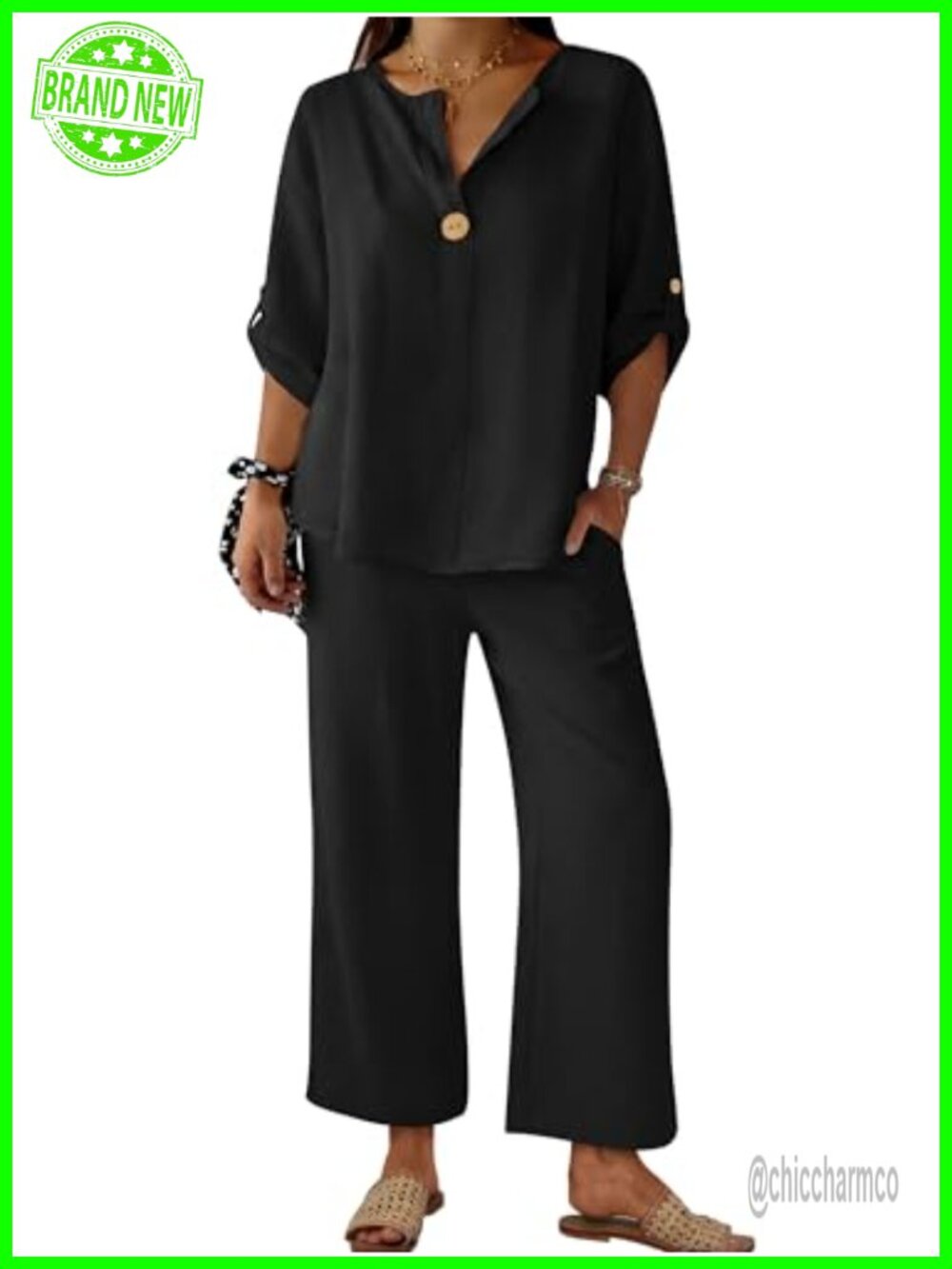 Women's 2 Piece Lounge Set 3/4 Sleeve V Neck Wide Leg Palazzo Pants Travel